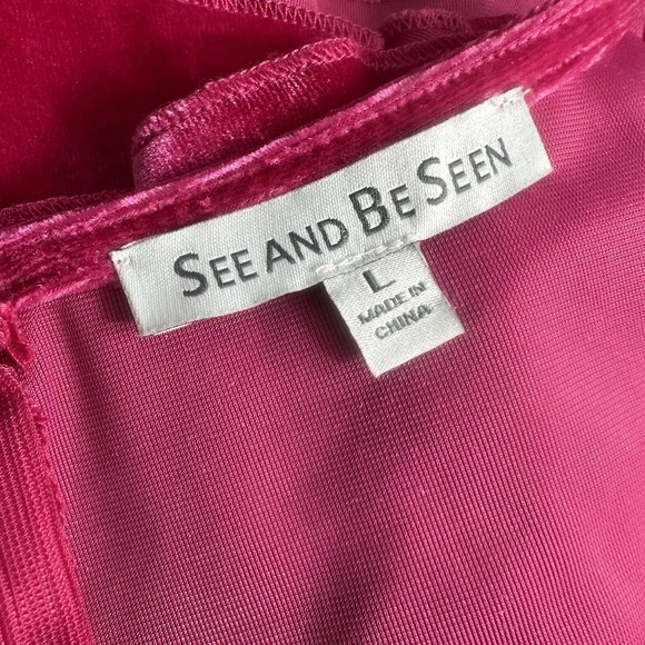 See and Be Seen Women Dress L Cassini Hot Pink Velvet Shift Ruffle Hem Retro - Picture 15 of 16